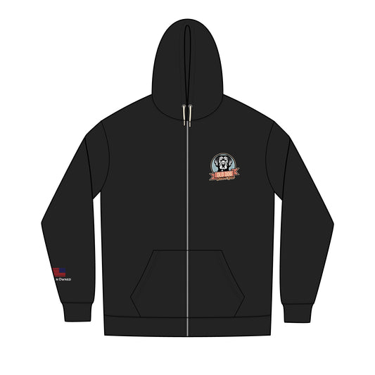 Men's Black Full-Zip Hoodie with Small Retro Logo — Re-Fleece™ Zip-Up