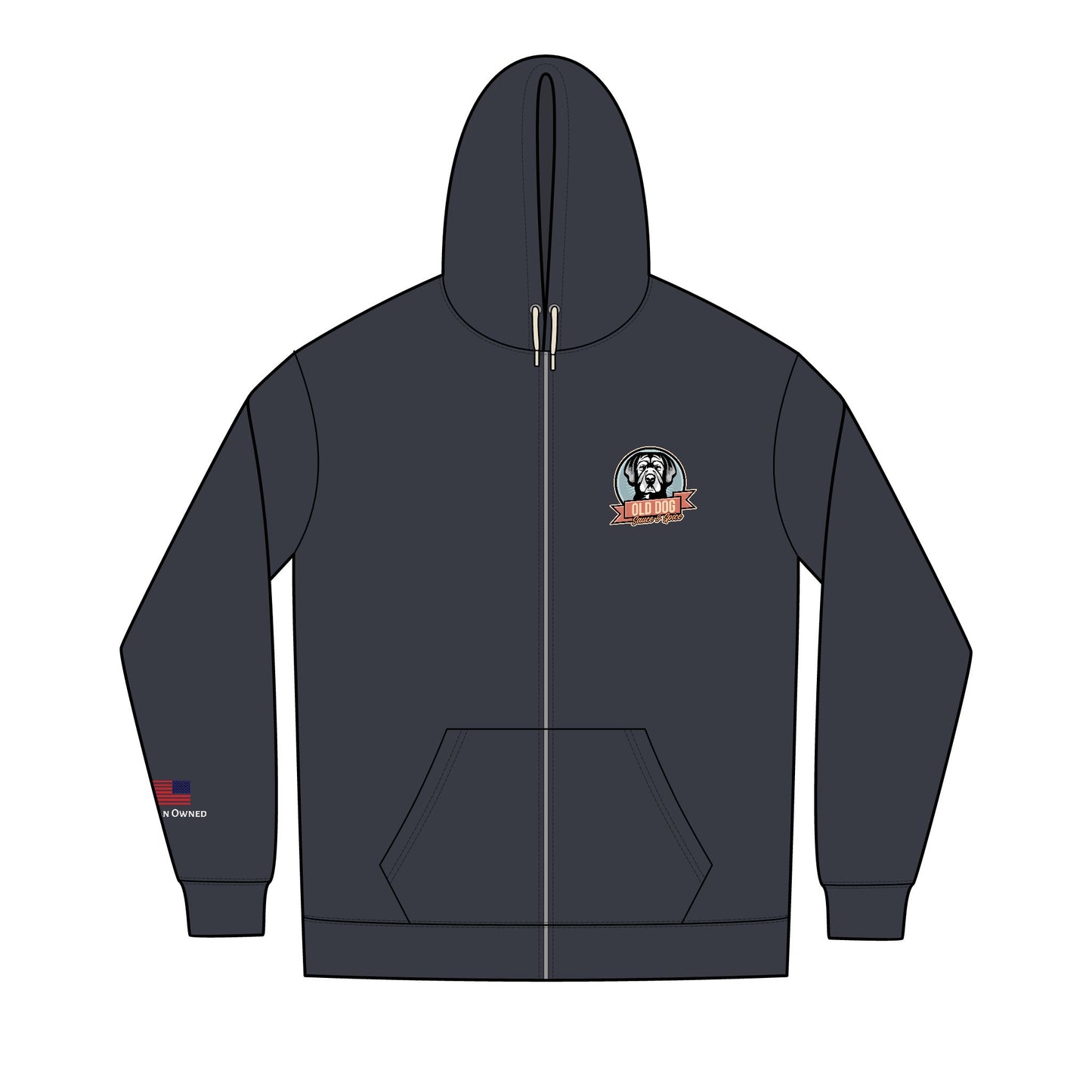 Men's Black Full-Zip Hoodie with Small Retro Logo — Re-Fleece™ Zip-Up