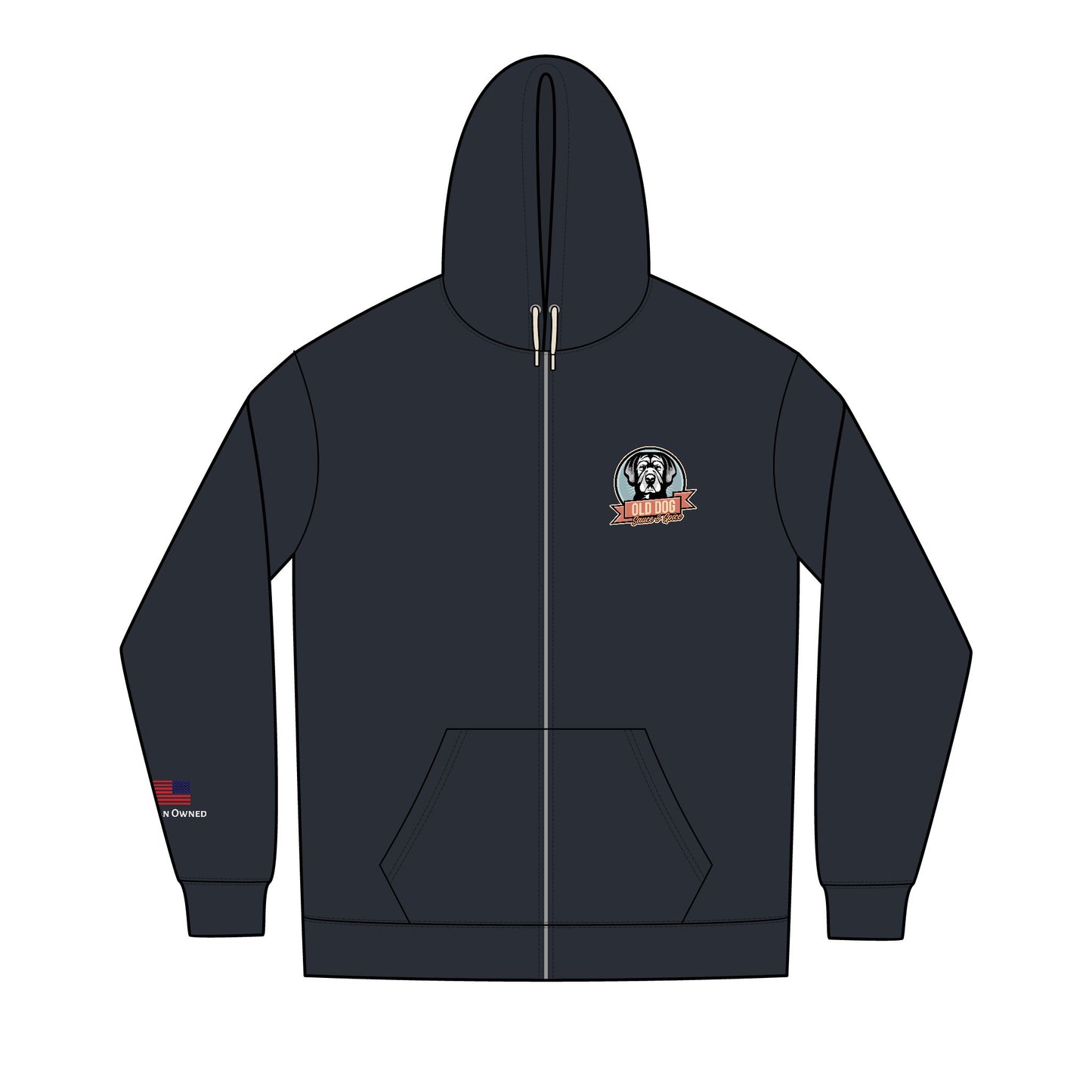 Men's Black Full-Zip Hoodie with Small Retro Logo — Re-Fleece™ Zip-Up